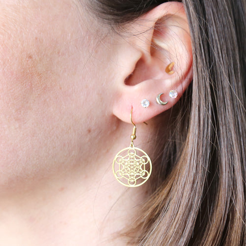 boucles d'oreille au symbole géométrique du Metatron en version discrète en acier inoxydable doré