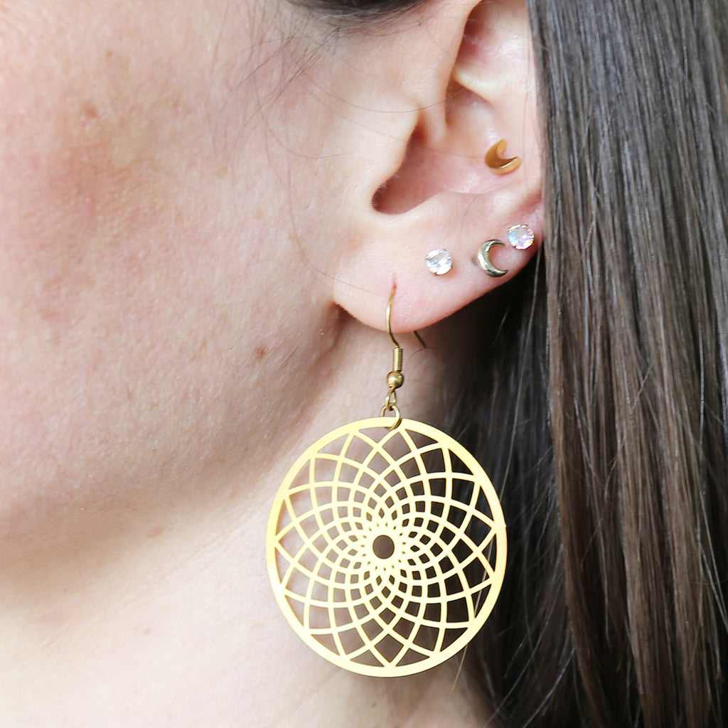 boucles d'oreilles en acier inoxydable doré avec le symbole sacré géométrique du yantra