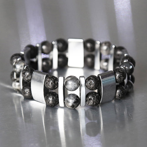 Bracelet double pour homme de protection sur mesure en pierre naturelle véritable de larvikite et pierre  de lave de qualité AA