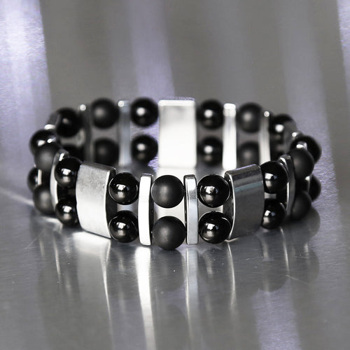 Bracelet double pour homme sur mesure en pierre naturelle véritable d'onyx mat et brillant de qualité