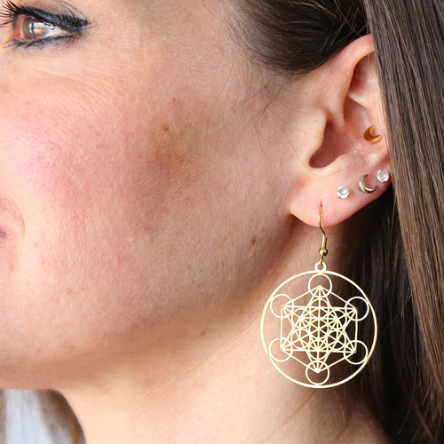 boucle d'oreille pendante au motif géométrique du Metatron en acier inoxydable doré