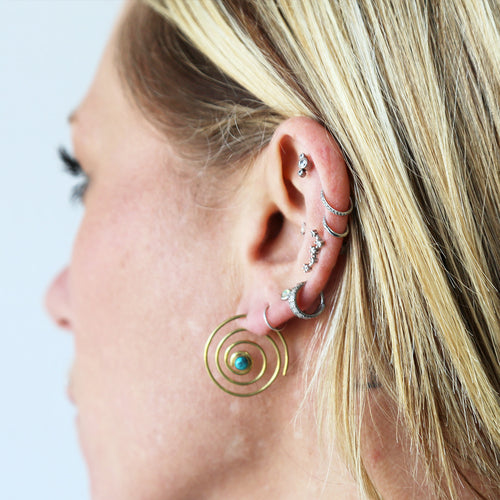 boucles d'oreilles en bronze en forme géométrique de spirale avec pierre naturelle véritable de turquoise du Mexique