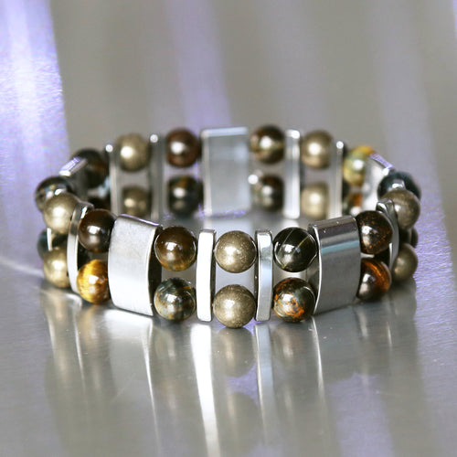 bracelet double rang de perles naturelles semi précieuses de pyrite et oeil de faucon