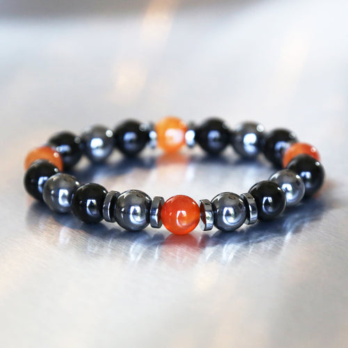 bracelet pour homme en perles de pierres naturelles réalisé sur mesure avec cornaline onyx et hématite