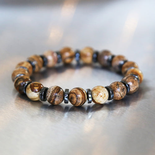 Bracelet homme sur mesure en pierres naturelles de jaspe paysage et hématite.
