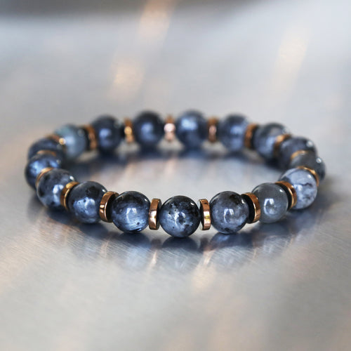 bracelet pour homme en perles naturelles de larvikite de 10mm de diamètre