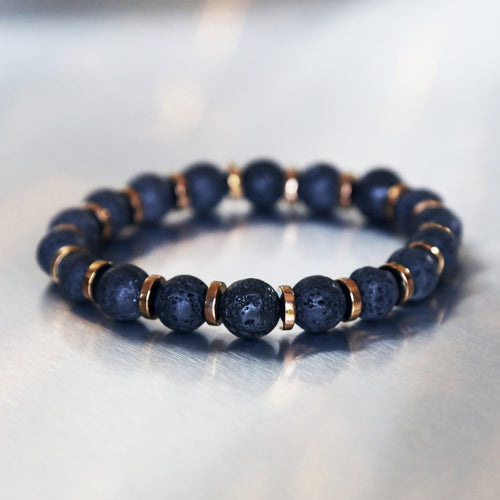 Bracelet homme réalisé en Belgique en pierre de lave de qualité et perle d'hématite cuivré