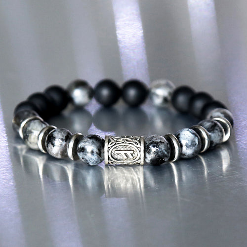 bracelet homme avec rune viking en pierre naturelle de larvikite et onyx mat