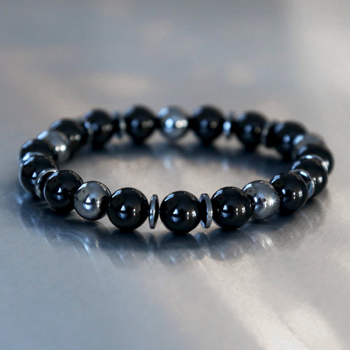 Bracelet pour homme en perles de 10mm de pierres semi-précieuse d'onyx et hématite
