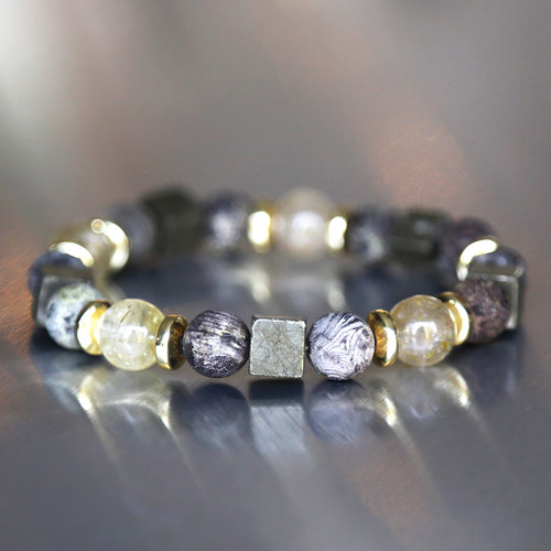 Bracelet homme sur mesure doré en pierres naturelles de quartz rutile, de pyrite et d'agate