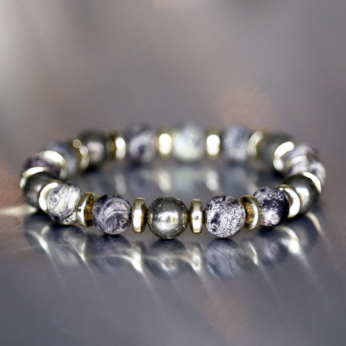 Bracelet homme doré sur mesure en pierres naturelles de pyrite et agate brune.