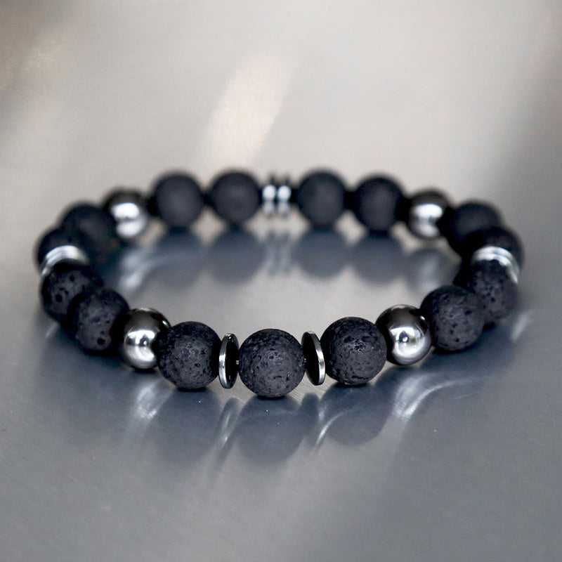 Bracelet Perles Homme/femme Pierre De Lave, Hématite Et Bois - Fait Main, Taille Sur Mesure
