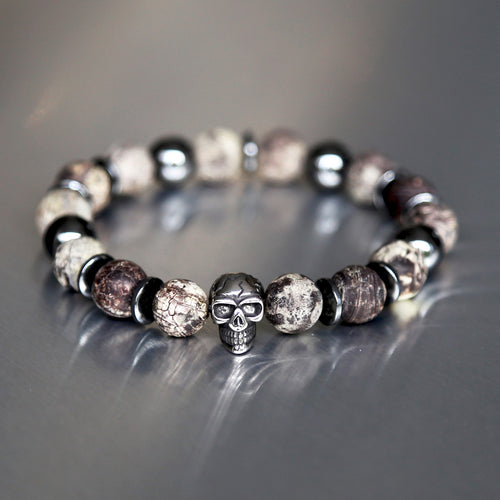 Bracelet homme skull en pierres naturelles d'agate et hématite. Tête de mort en acier inoxydable.