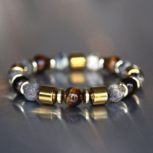 Bracelet homme doré sur mesure en pierres naturelles d'oeil de tigre et agate