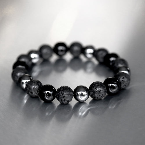 Bracelet homme au design minimaliste en perles de 10mm composé de pierre de lave, hématite et onyx