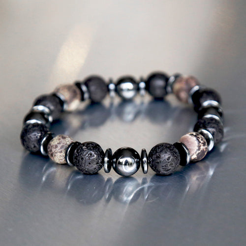 Bracelet homme sur mesure en pierres naturelles de 10mm d'hématite et pierre de lave.