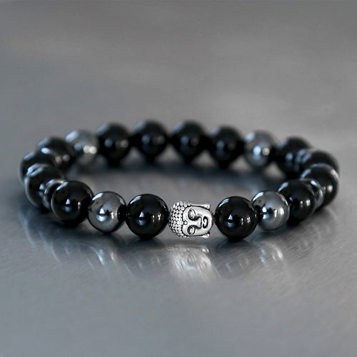 Bracelet pour homme de protection avec Bouddha en pierre véritable d'onyx et hématite