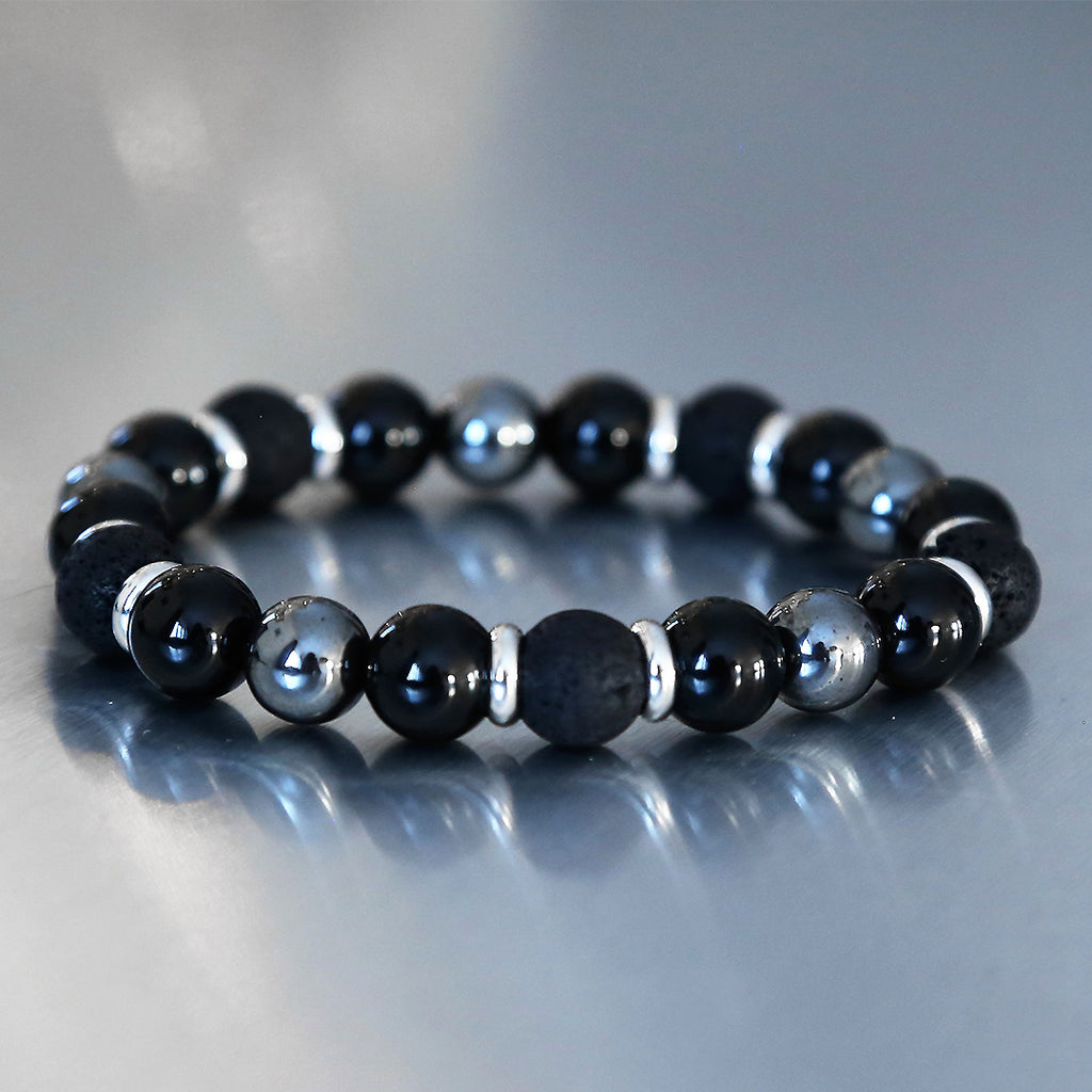 Bracelet Homme Pierres Naturelles : Lave, Onyx Et Hématite - Noir - Élastique