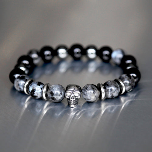 Bracelet pour homme en pierre naturelle avec tête de mort en acier inoxydable et perles de 10mm de larvikite et onyx