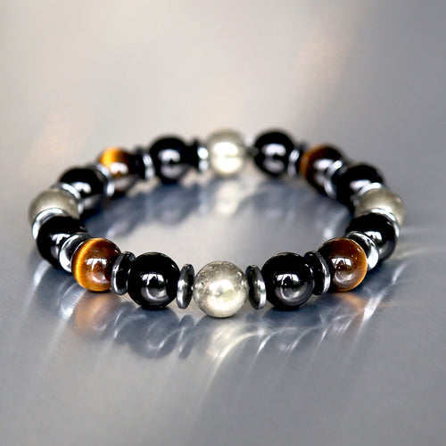 bracelet pour homme de protection en pierres véritables composé d'oeil de tigre, de pyrite et d'onyx