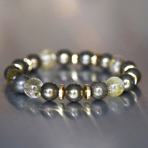 bracelet pour homme aux tons or et jaune composé de perles en pierre naturelle de quartz rutile et de pyrite pour la positivé et la joie de vivre