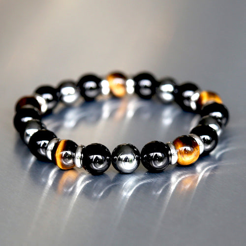 bracelet de protection pour homme en perles de pierre naturelle et acier inoxydable composé d'oeil de tigre,d'onyx et d'hématite
