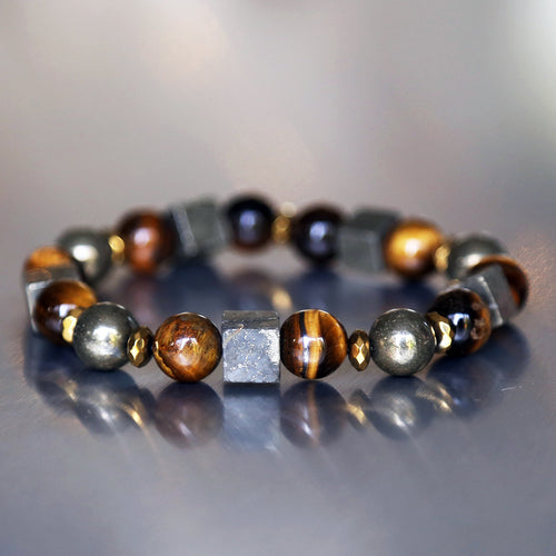 bracelet homme de protection avec oeil de tigre véritable et perles de pyrite en cube