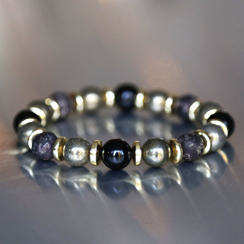 bracelet pour hommes en pierres naturelles noir et or réalisé sur mesures en perles de pierres véritables