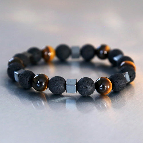 bracelet pour homme en pierre naturelle hématite carré, oeil de tigre et pierre de lave réalisé sur mesure en Belgique
