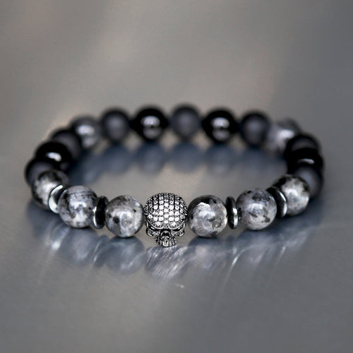 Bracelet pour homme en pierres naturelles avec tête de mort skull en strass et perles d'onyx et larvikite
