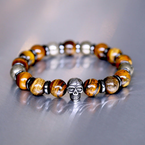 bracelet pour homme avec tête de mort en acier inoxydable et perles de pierre d'oeil de tigre véritable