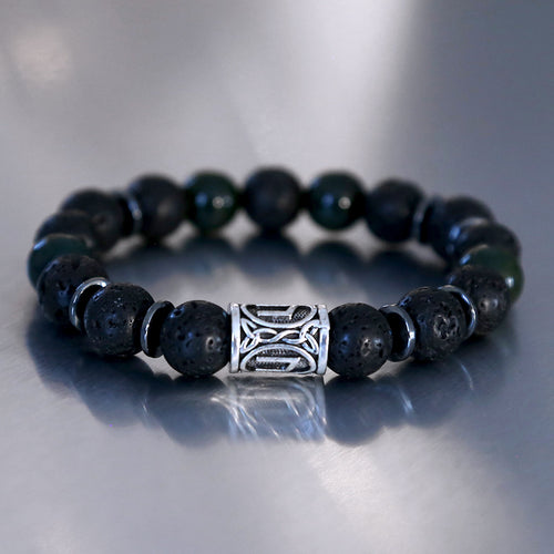 bracelet pour homme avec rune viking et en perles de pierre de lave de qualité de 10mm de diamètre