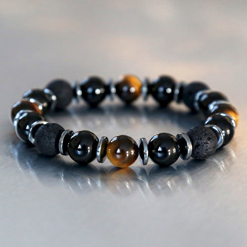 bracelet homme talisman en pierre de lave, oeil de tigre et onyx pour la protection